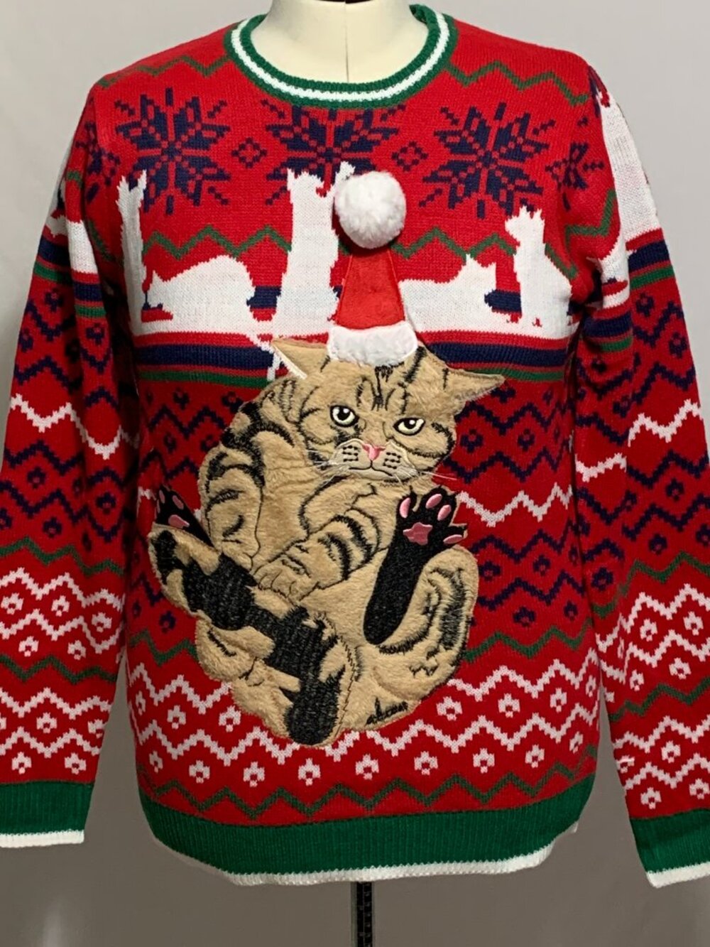 Ugly Christmas Sweater Cat Kitten Grooming Licking Sitting Snowflake Men Women L